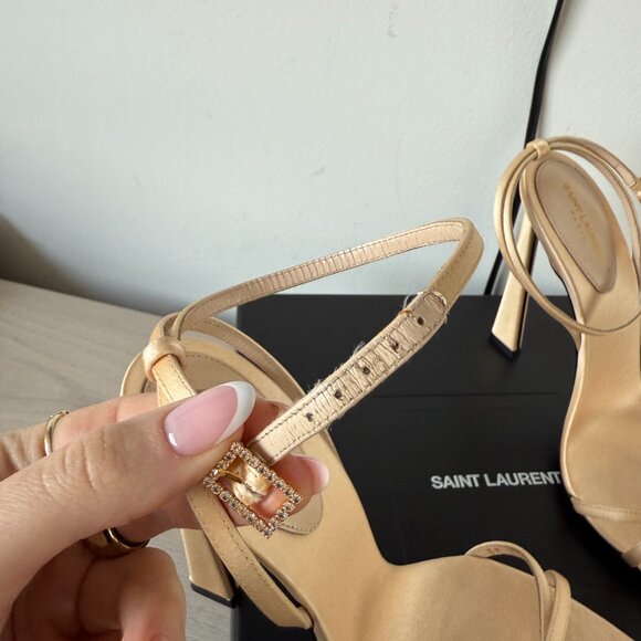 NWB Saint Laurent Lila Sandals Beige Satin Ankle Strap High Heels Sz 39 - Picture 7 of 15